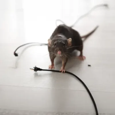 Brown rat by a cable that has been gnawed through